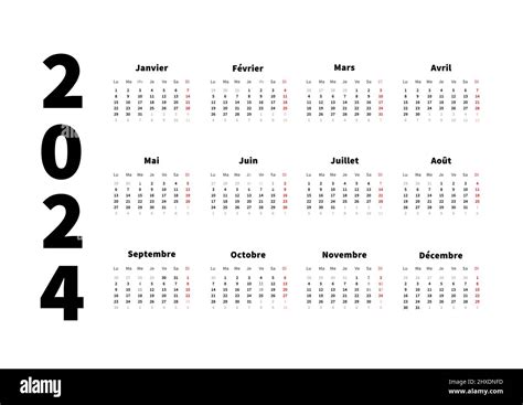 2024 year simple horizontal calendar in french language, typographic calendar isolated on white ...