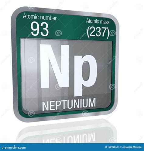 Neptunium Symbol in Square Shape with Metallic Border and Transparent Background with Reflection ...