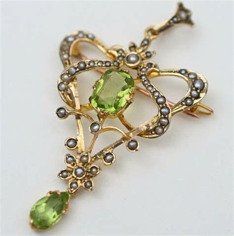 Antique Victorian Edwardian 9k 9ct Gold Peridot Seed Pearl Lavaliere ...