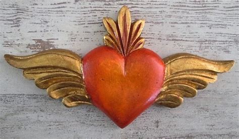 Sacred Heart with Wings Winged Heart Carved Heart by ArtesanosLA