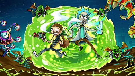 Download Stoned Rick And Morty Cartoon Fighting Aliens Wallpaper ...