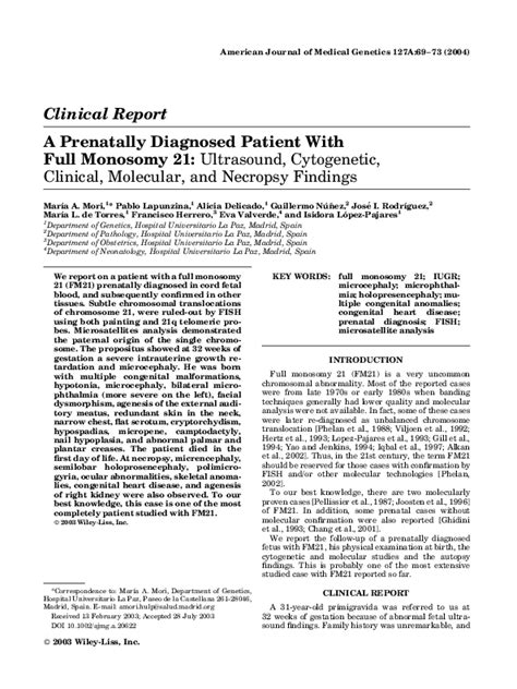 (PDF) A prenatally diagnosed patient with full monosomy 21: Ultrasound, cytogenetic, clinical ...