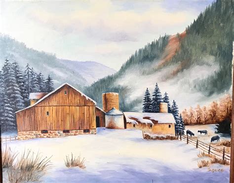 Winter Farm Oil Painting, Cows in Winter, Snow Farm Mountains, Mountain ...