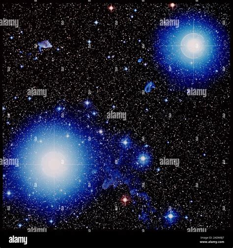 Mintaka and Alnilam stars. Optical photograph of Mintaka (top right) and Alnilam (lower left ...