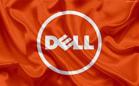 Download wallpapers Dell, blue emblem, Dell logo, orange silk flag for ...