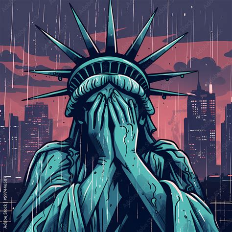 Tears of Liberty , cartoon illustration of Statue of liberty crying with her hands covering her ...