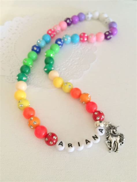 Name, personalized, stretchy NECKLACE, rainbow colors. Birthday gift, kids, children. by ...