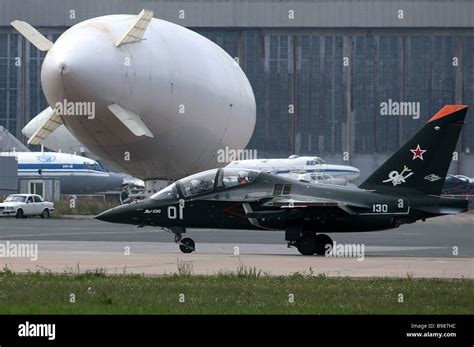 A YAK 130 jet in a preliminary flight shortly before the opening of the 8th MAKS aerospace show ...