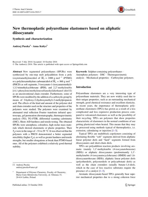 (PDF) New thermoplastic polyurethane elastomers based on aliphatic diisocyanate: Synthesis and ...