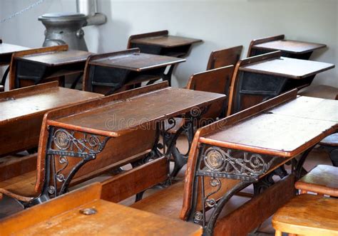 Classroom with Old Wooden Desks Stock Image - Image of wooden ...