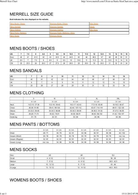 Merrell Size Chart - Cham3S