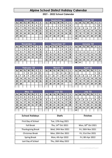 Alpine School District Calendar 2021-2022