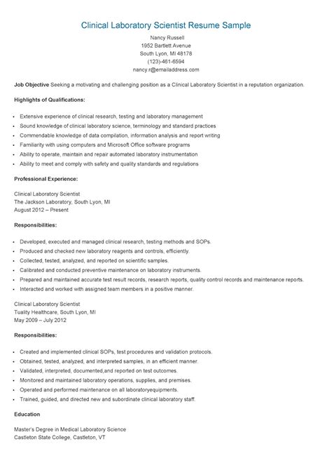 Resume Samples: Clinical Laboratory Scientist Resume Sample