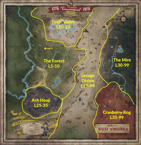 Fallout 76 Zone Map (with recommended level range) - FalloutBuilds.com | Fallout facts, Fallout ...