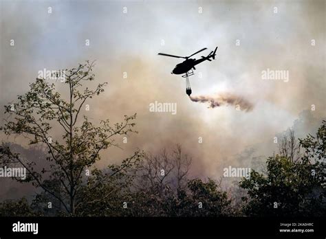 Fire fighting helicopter dropping water onto wildfire Stock Photo - Alamy