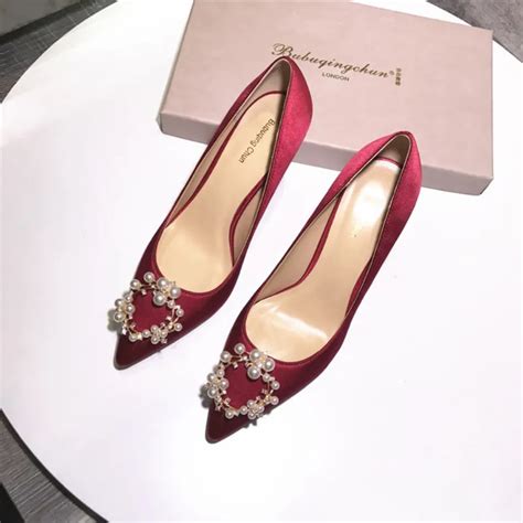 Free shipping fashion women Pumps burgundy satin pearls strass point ...