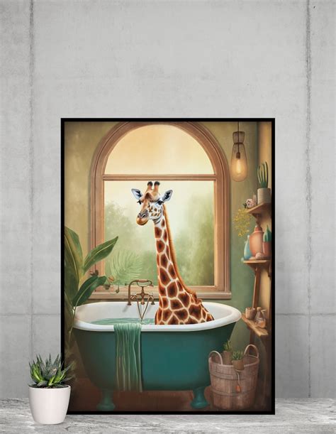 Giraffe in Bathtub Printable Wall Art, Whimsical Giraffe Portrait, Animal Bathroom Art Print ...