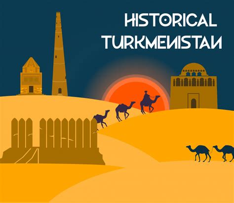 Turkmenistan history banner template silhouette design oriental architecture desert scene sketch ...