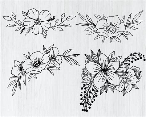 Flowers Clipart Svg Flower Svg Bundle Botanical Clipart Floral Line Art ...