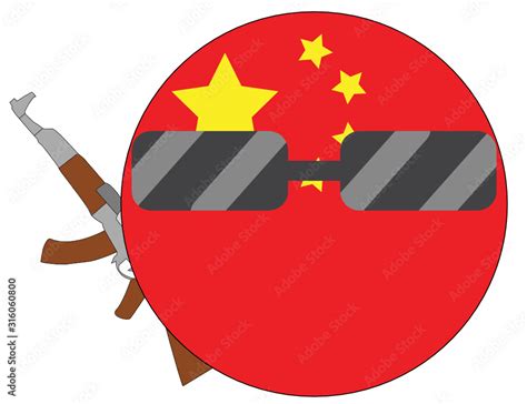 Cool China flag emoji. Round Chinese flag emoticon wearing sunglasses and holding a machine gun ...