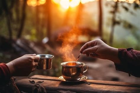 Premium AI Image | Two people drinking tea in the forest