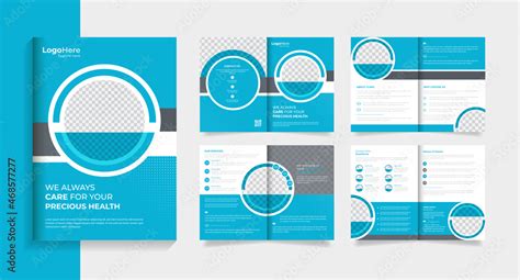 Medical brochure design template 8 pages layout with blue round shapes ...