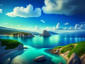 A painting of a beautiful blue ocean with a mountain in the background Image & Design ID ...