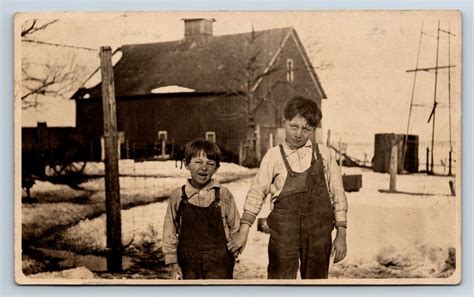 Vintage RPPC Portrait of Farm Boys in Overalls by Barn Iowa Falls IA Kruxo J3 | #3936540031