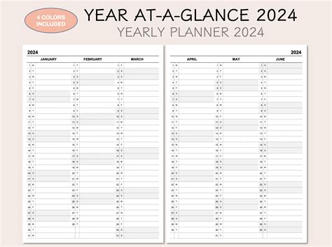 Printable Yearly Planner Calendar 2024, Yearly Overview 2024, Year At-a ...