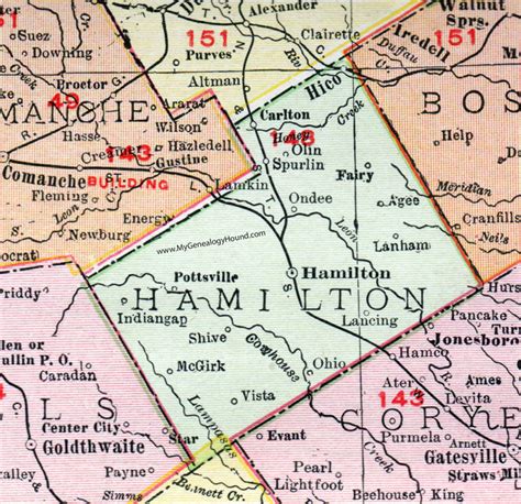 Hamilton County, Texas, Map, 1911, Hamilton City, Hico, Carlton, Olin ...