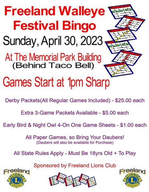 Freeland Walleye Festival Bingo! | Freeland Memorial Park Building, Freeland, MI | April 30, 2023