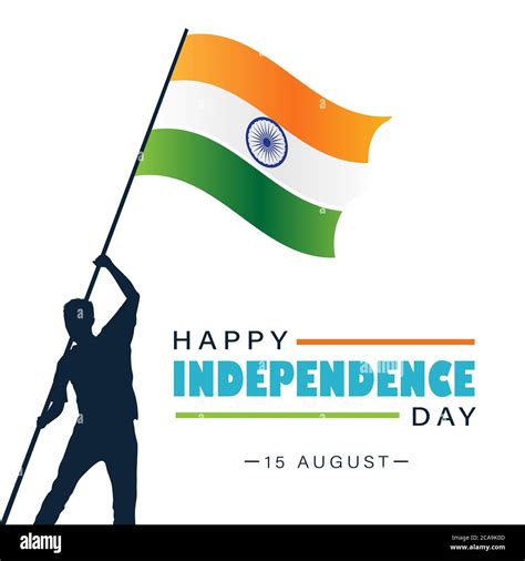 Happy Independence Day India, 15 August, man hoisting Indian flag greeting poster for web ...