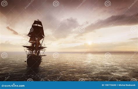 Pirate Ship Sailing on the Ocean at Sunset Stock Photo - Image of ship ...