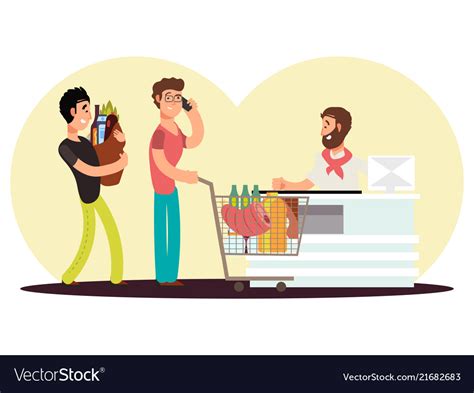 Cash turn in food store cartoon character men buy Vector Image