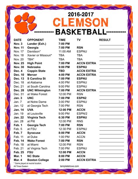 Printable 2016-2017 Clemson Tigers Basketball Schedule