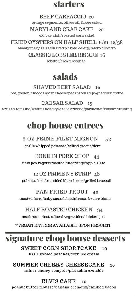 Chop House Menu, Manchester, VT