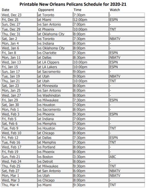 Printable New Orleans Pelicans schedule (and TV schedule) for 2020-21 ...