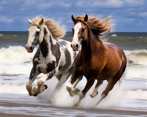 Premium AI Image | Two horses running on the beach with the ocean in ...