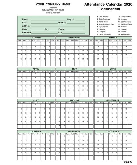 Catch 2020 Employee Attendance Calendar Printable