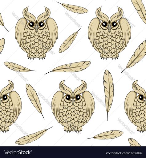 Seamless pattern with owls and feathers Royalty Free Vector