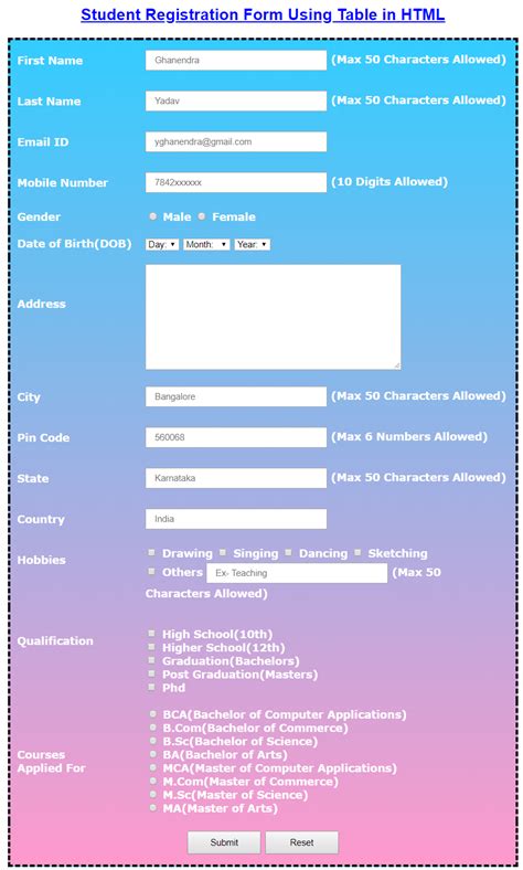 Student Registration Form in HTML and CSS | Using Tables