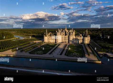 Aerial view of the castle of Chambord with its new french gardens ...