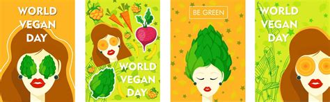 Flat vector illustration of a vegan poster with a cheerful woman for World Vegan Day. World ...