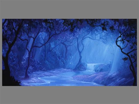 Art PRINT Moonlit Waterfall Blue Purple Night Evening Forest Landscape ...