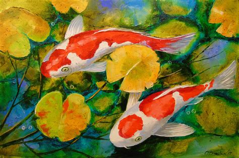 For Sale: Koi in a pond by Ольга Дарчук | $500 | 24"w 16"h | Original Art | https://www.vangoart ...