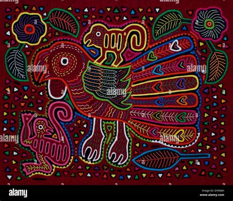 Mola textile by Kuna Indian artist, depicting a bird with monkeys. From the San Blas Archipelago ...