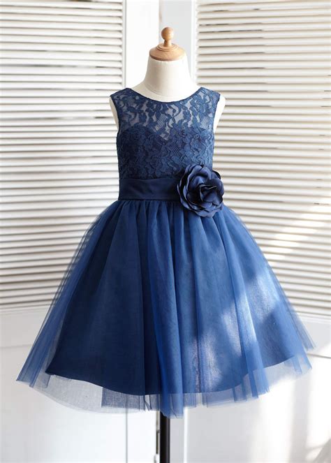 Navy Blue Lace Tulle Knee Length Flower Girl Dress | Flower girl dress pattern, Flower girl ...