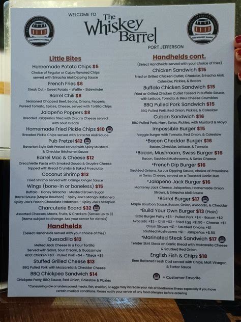 Menu at The Whiskey Barrel, Port Jefferson