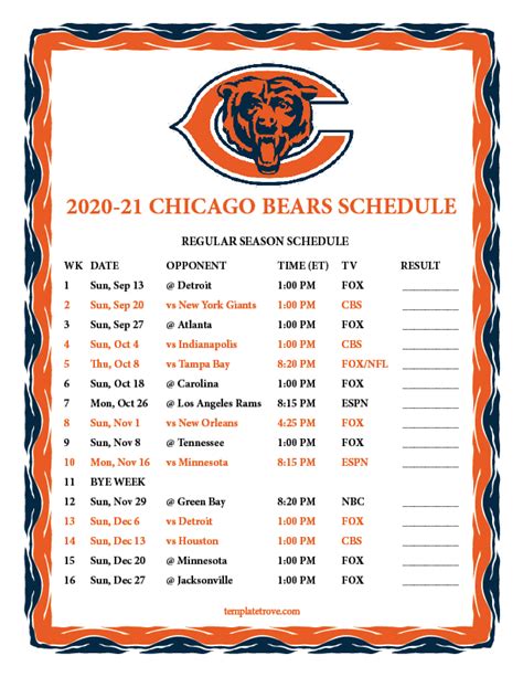 Printable 2020-2021 Chicago Bears Schedule