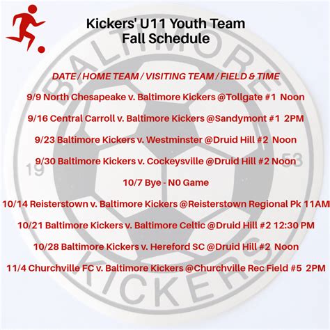 Baltimore Kickers’ U11 Youth Team 2023 Fall Schedule